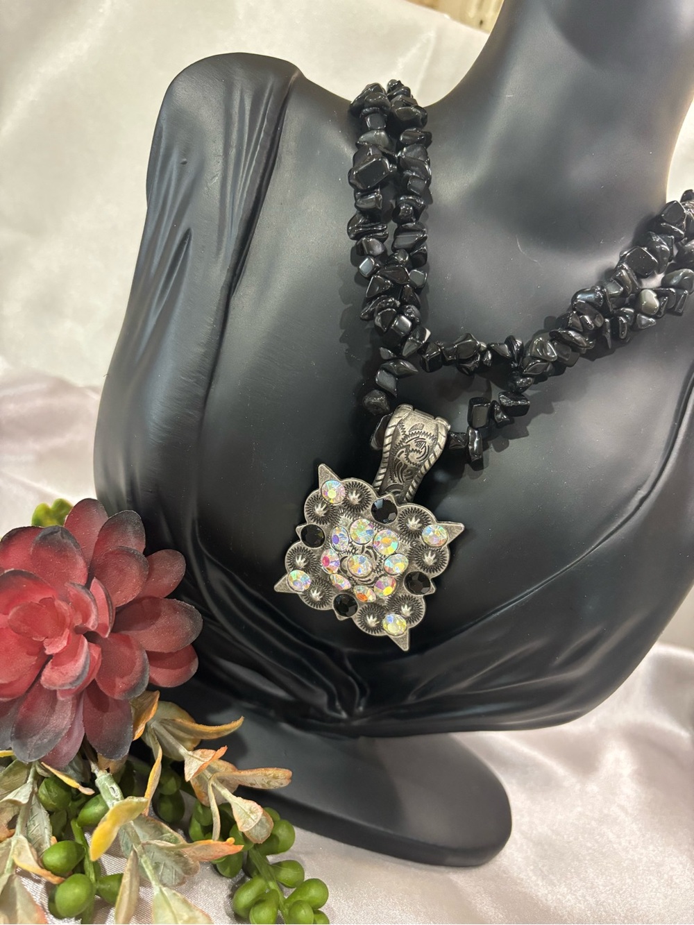 Black Bead Necklace with Crystal Flower Pendant